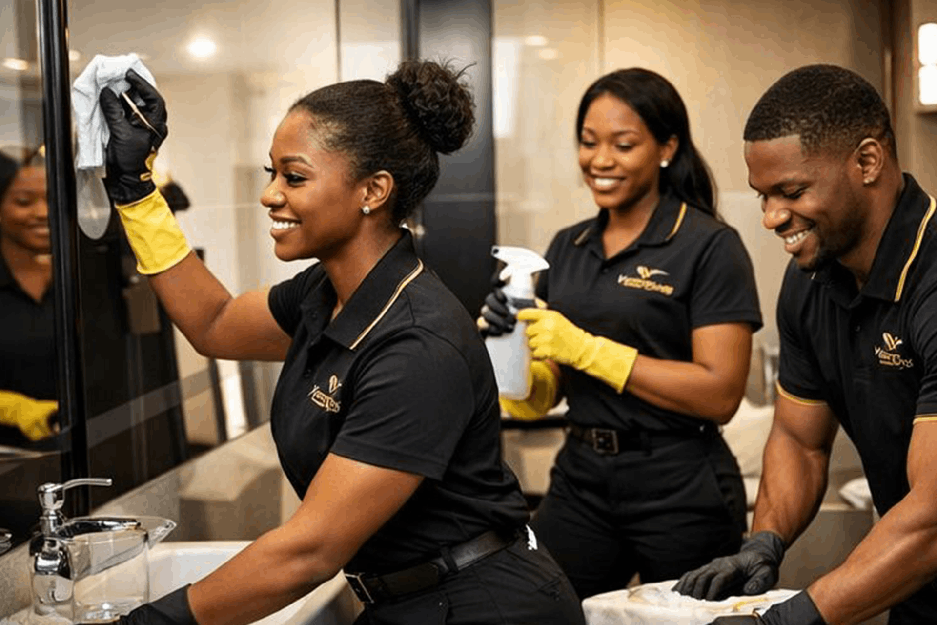 Professional cleaning team with mops and supplies